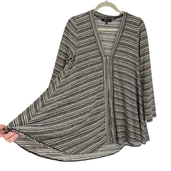 Comfy USA Medium Zipper Tunic Gray Black Stripe Knit Asymmetrical Lagenlook - Picture 1 of 9